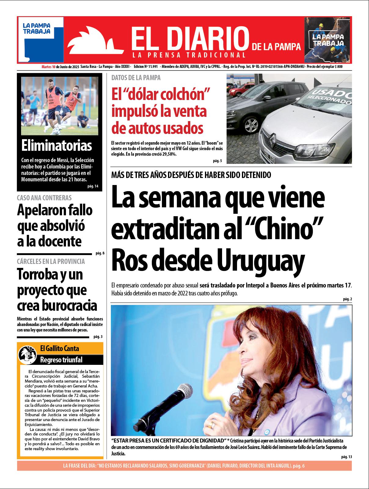 Tapa de El Diario en papel  martes 10 de junio de 2025